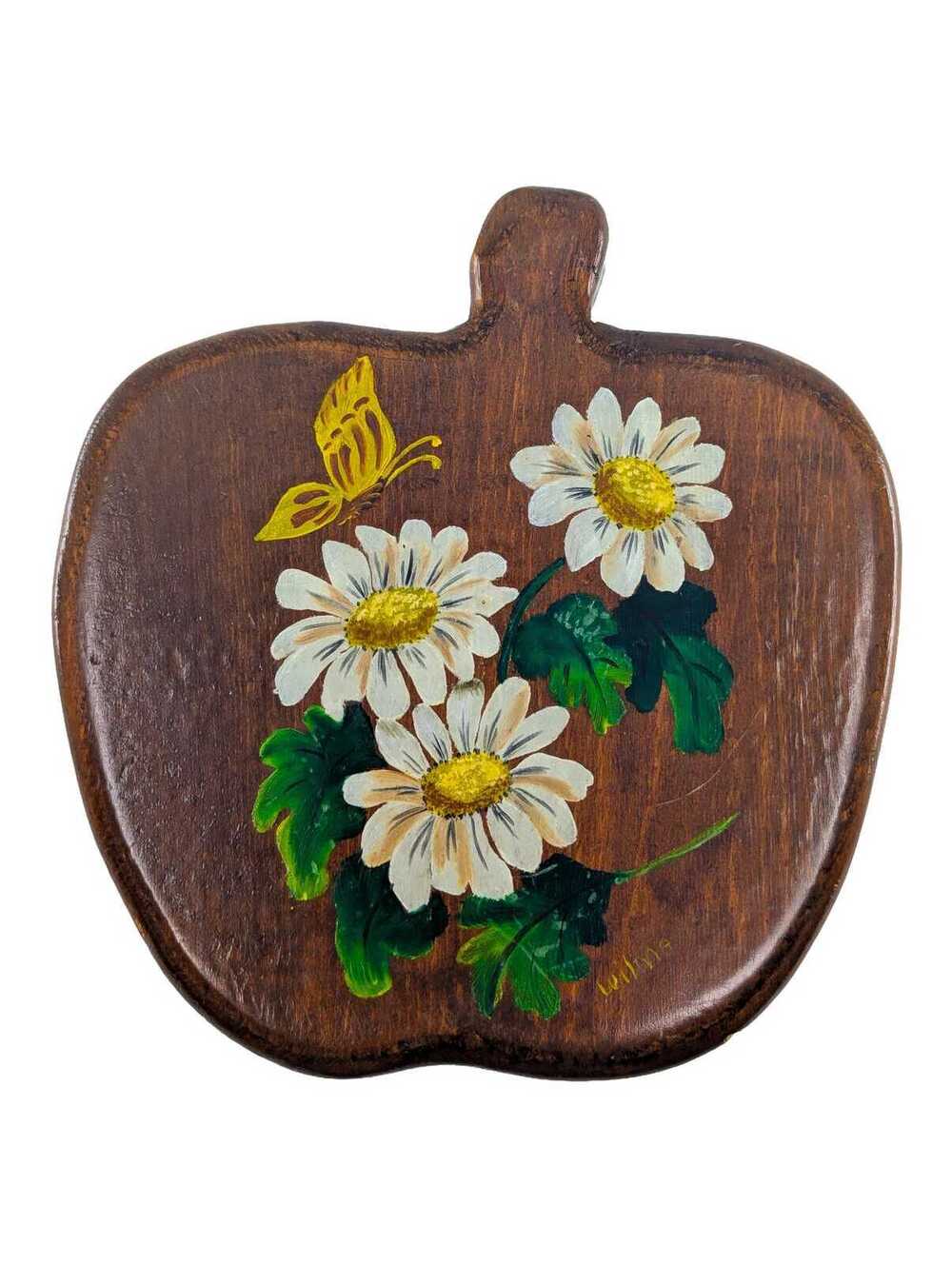Vintage Hand Carved Painted Wooden Apple Wall Plaque Signed Wilma